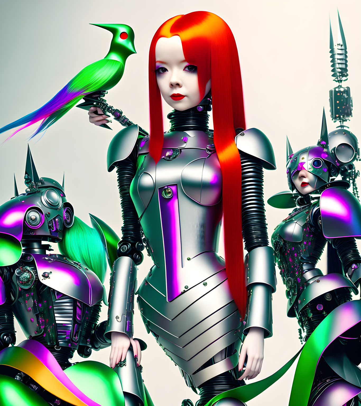 Futuristic red-haired female android with green bird and robotic companions on pale background