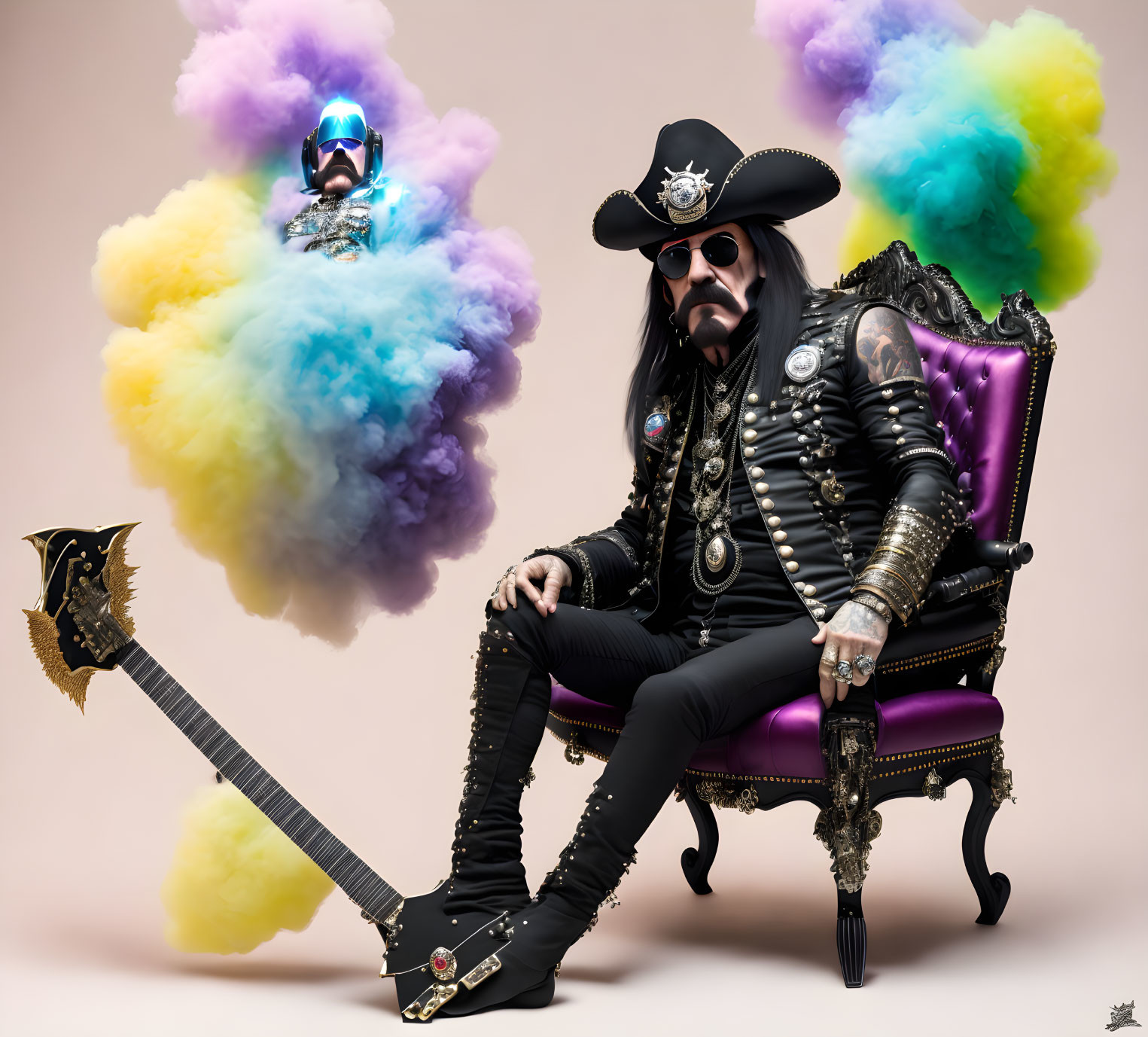 Extravagant Costumed Individuals in Rock Star Vibe Amid Colorful Smoke