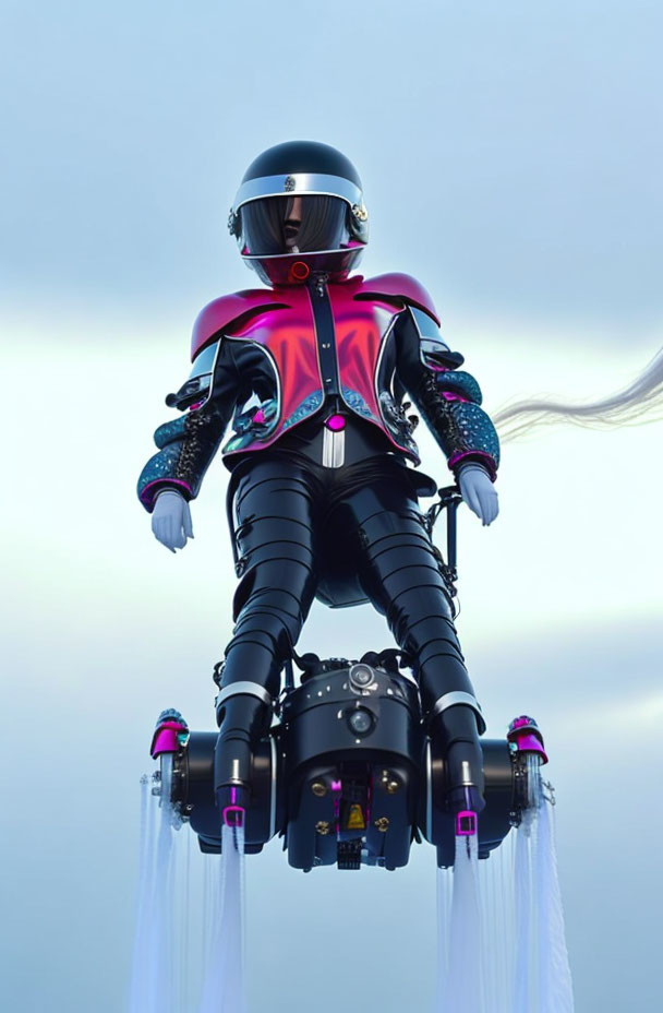 Futuristic figure in black armor on jet-powered motorcycle