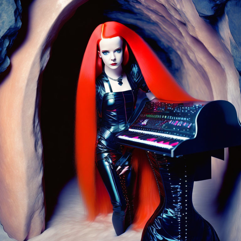Red-haired woman in futuristic outfit at synthesizer in cave setting