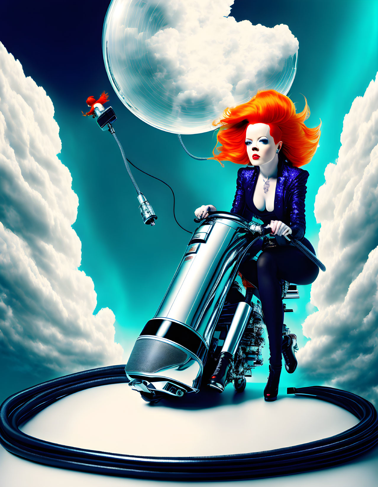 Vibrant orange-haired woman on futuristic motorcycle in surreal sky