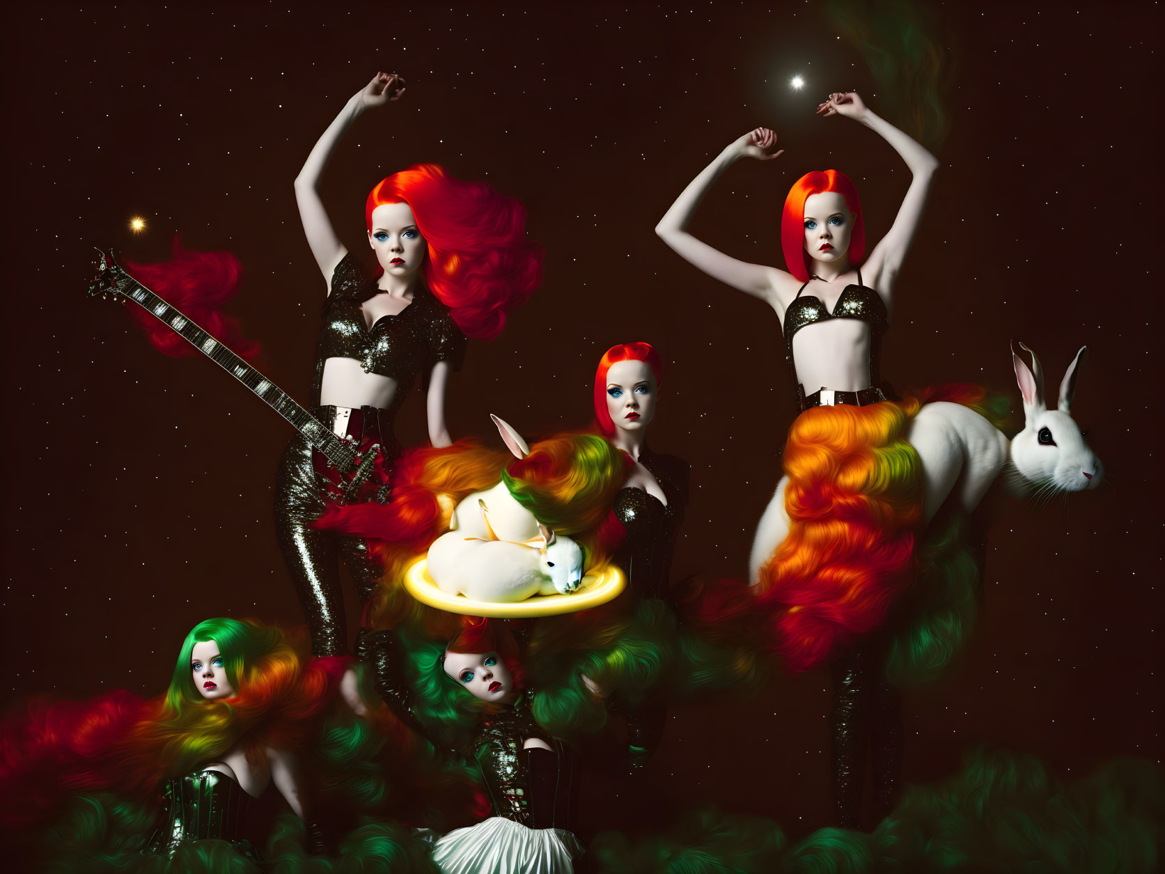 Surrealistic image: Four women with red and green hair posing with white rabbit against starry