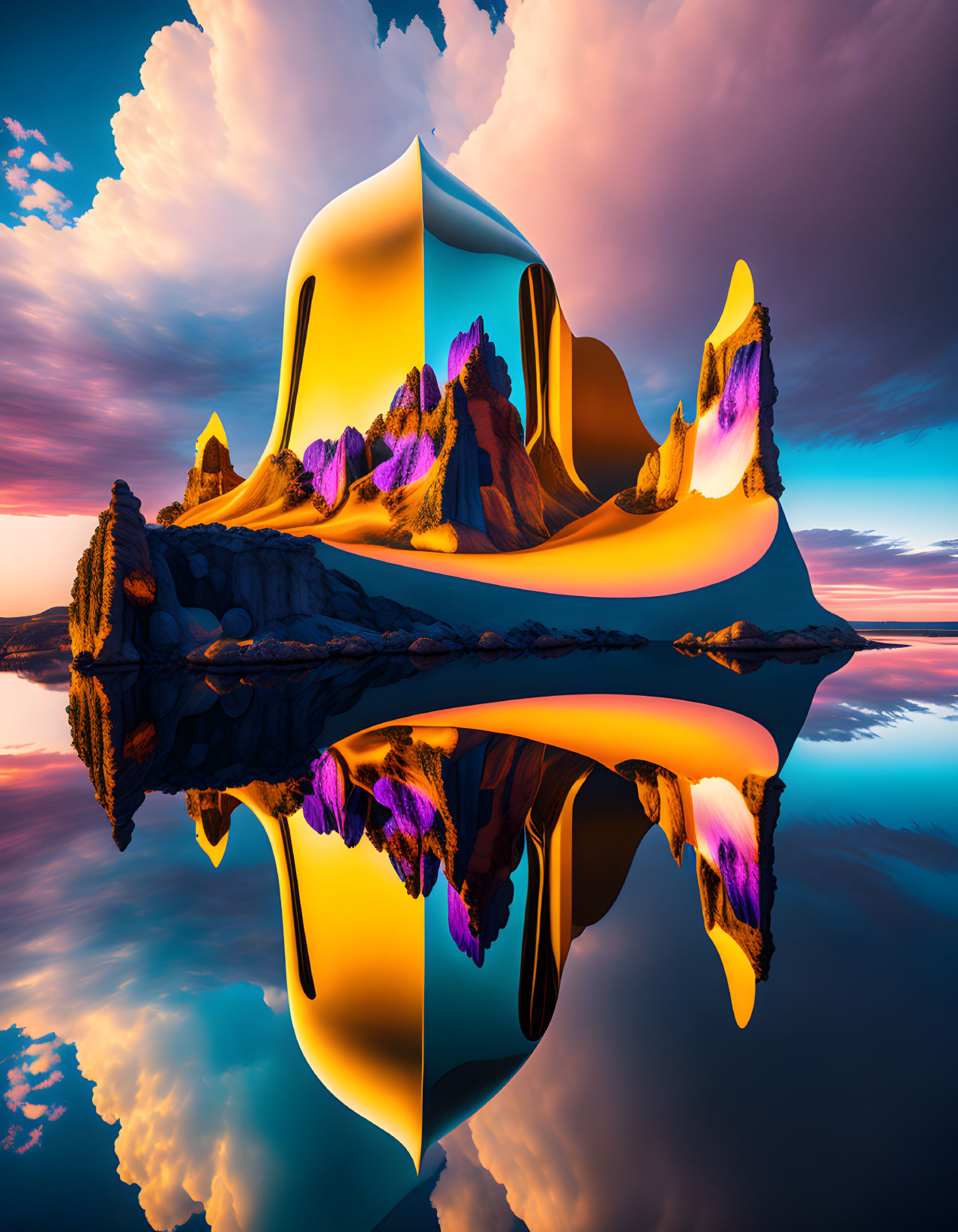 Mirrored mountains and water in surreal landscape at sunset