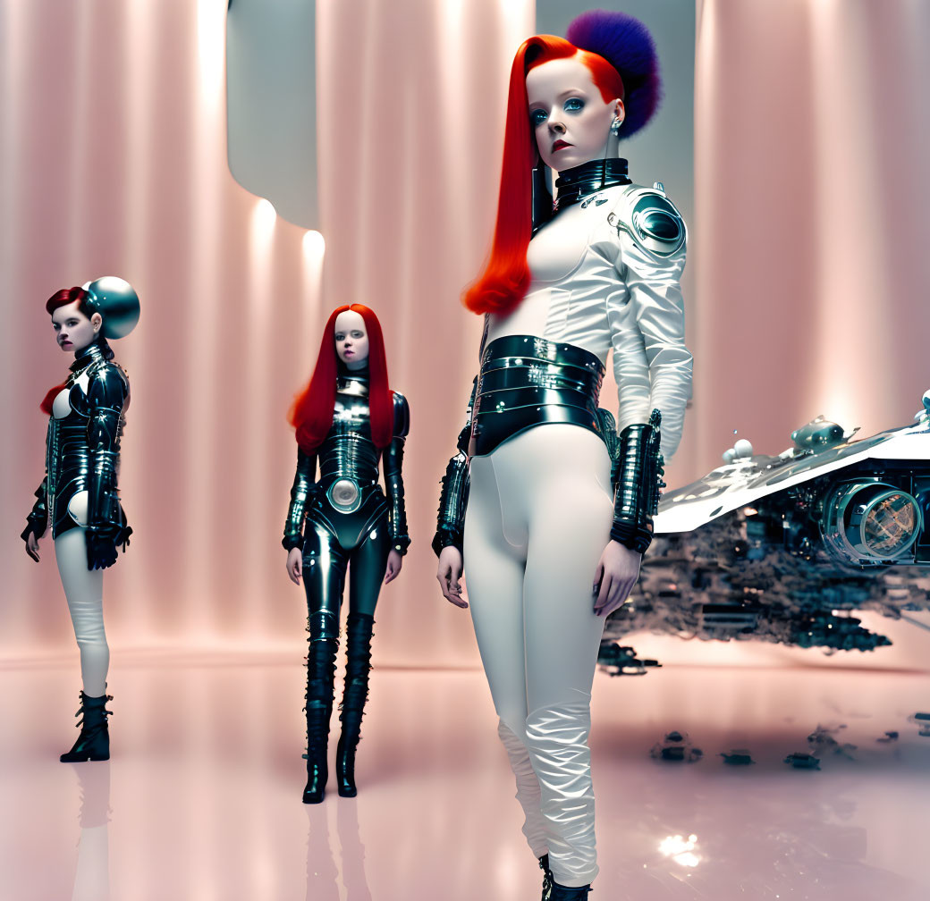 Futuristic red-haired female androids in reflective room with high-tech motorcycle.