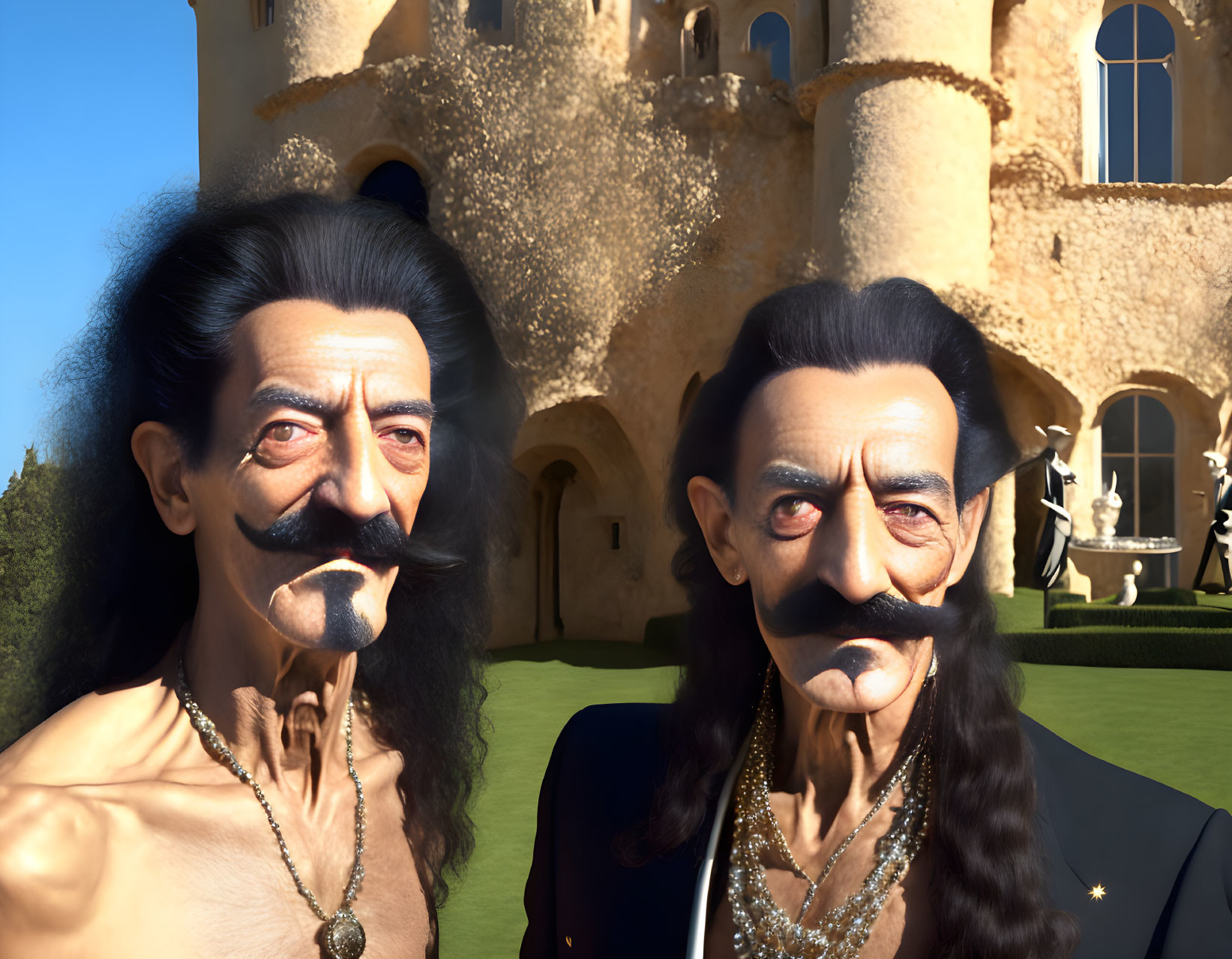 Animated Figures with Salvador Dalí-like Features at Whimsical Castle