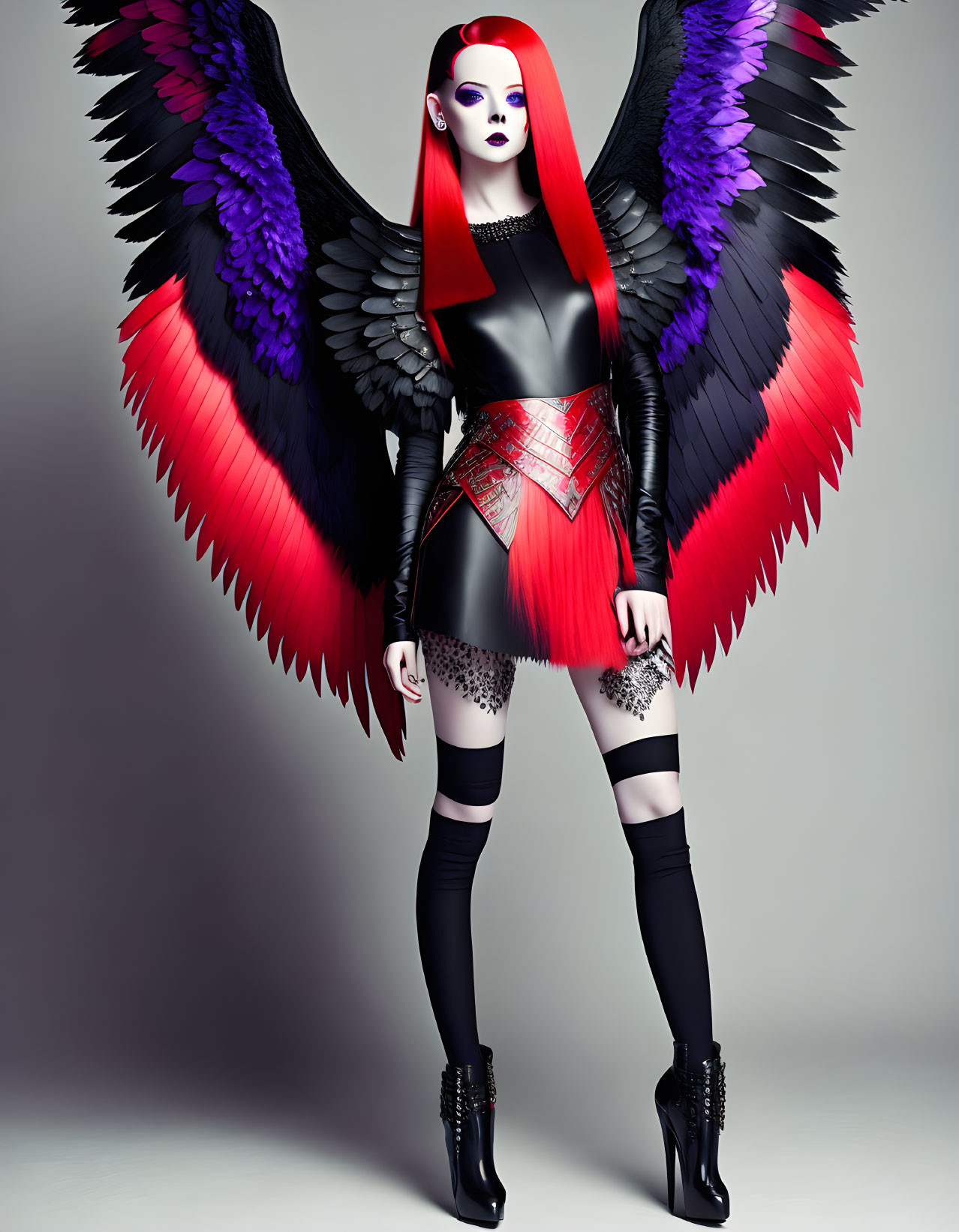 Surreal stylized female figure with red hair and multicolored wings