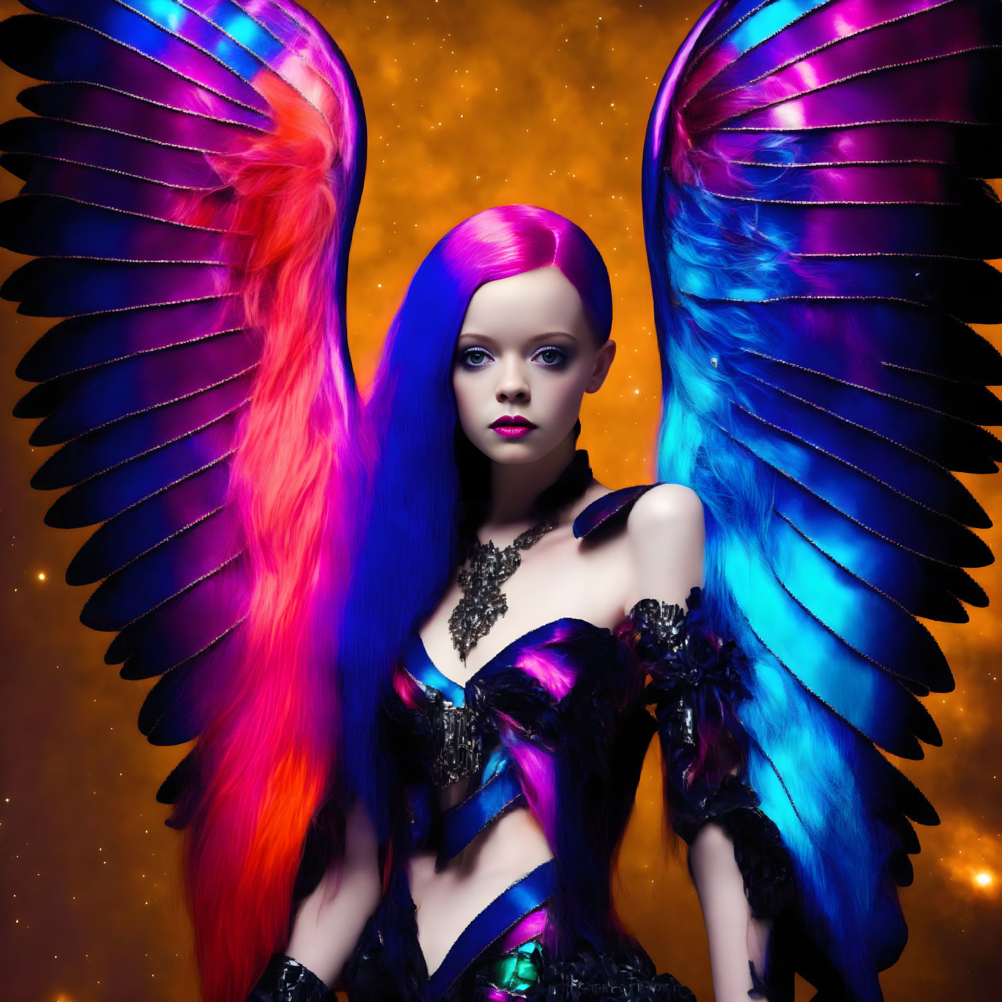 Person with Neon Purple Hair and Iridescent Blue Wings on Starry Background