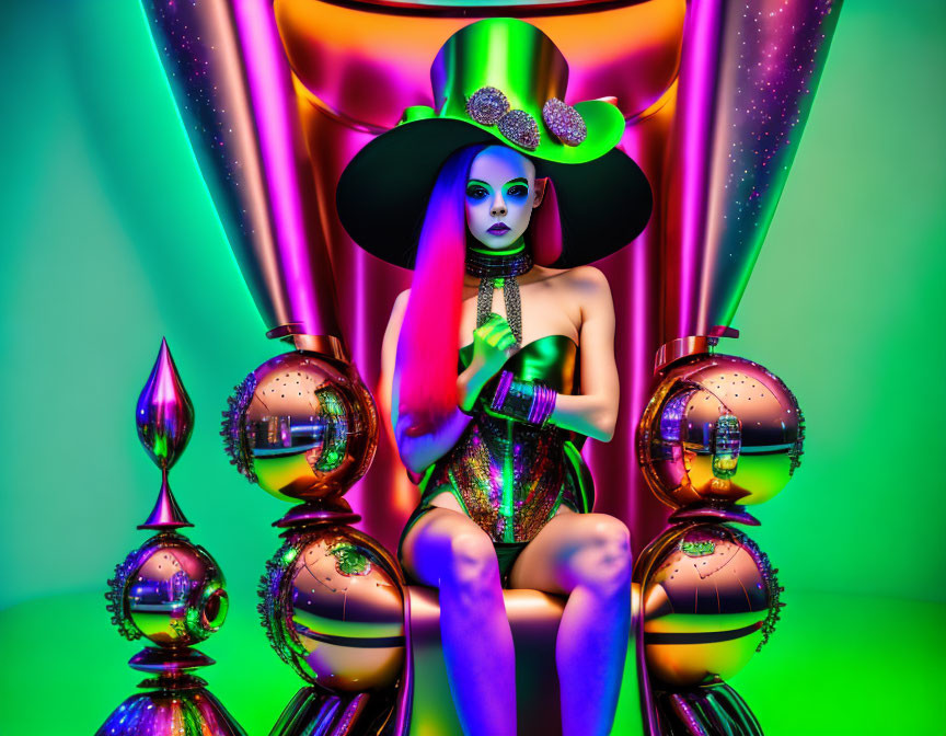 Colorful stylized female figure in purple with green hat and glittery outfit among metallic orbs on neon