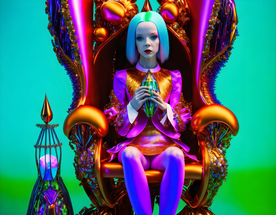 Futuristic woman with blue hair on golden throne with green object