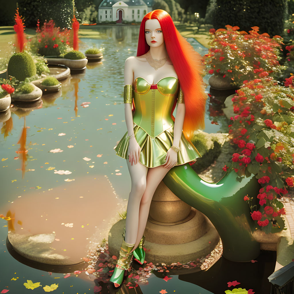 Digital artwork: Woman with long red hair in gold and green outfit in lush garden.