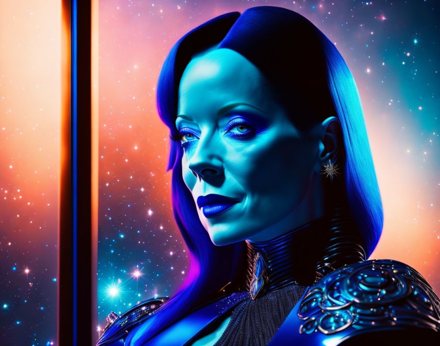 Blue-skinned female figure in futuristic setting with neon lights and star background