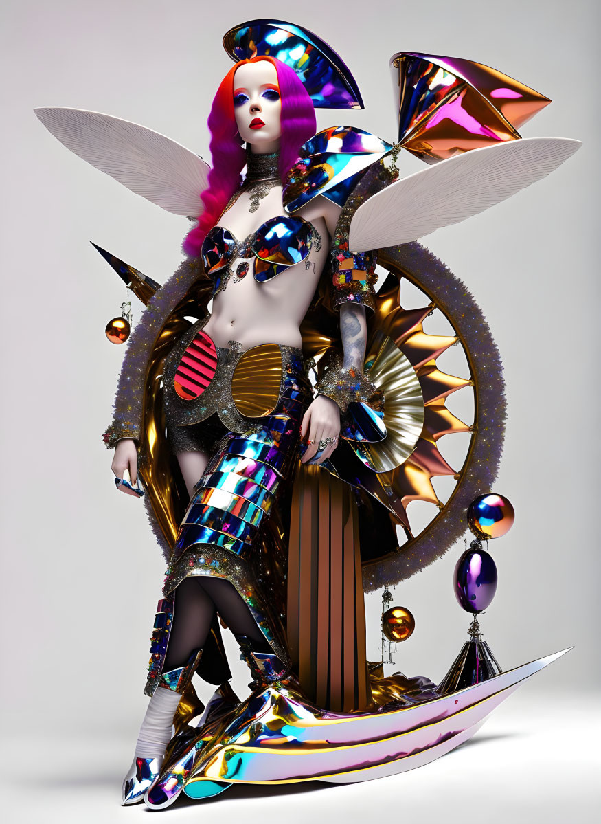 Colorful Hair Female Figure in Futuristic Metallic Costume