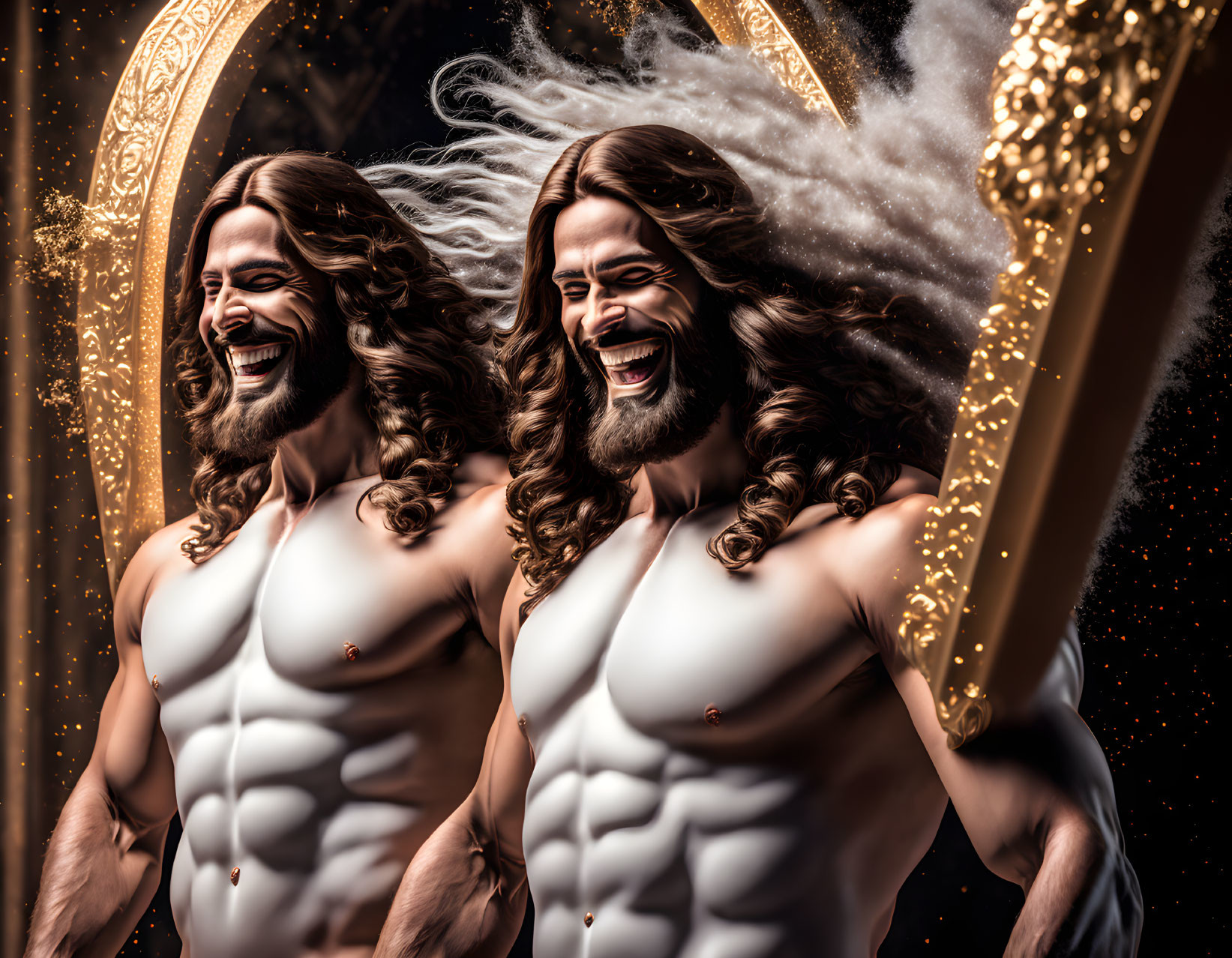 Muscular individuals with long hair in ornate setting with gold accents