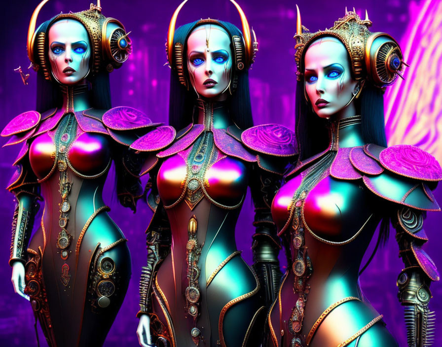 Futuristic female androids in metallic armor against neon-lit backdrop