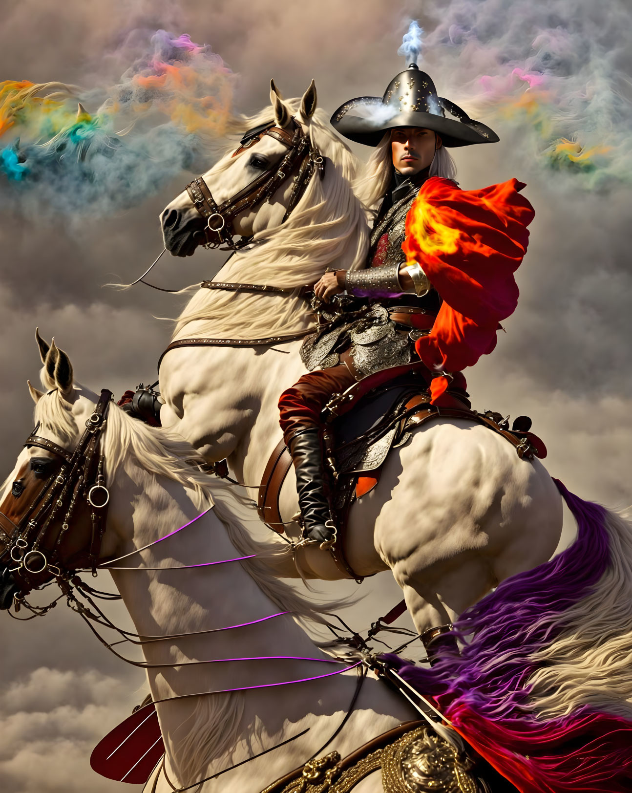 Elaborate Silver Armor Rider on Two White Horses with Colorful Smoke