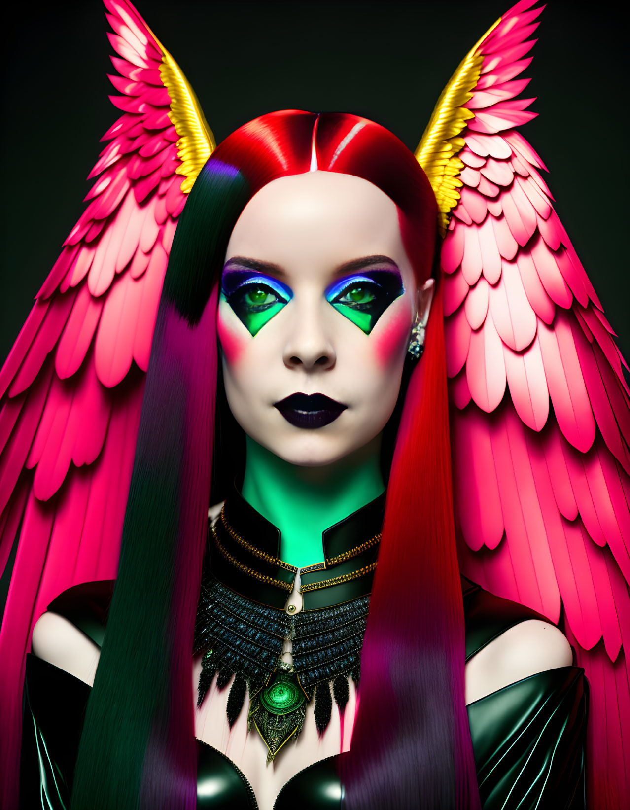 Vibrant multicolored hair, green eye makeup, pink feathered wings on dark background