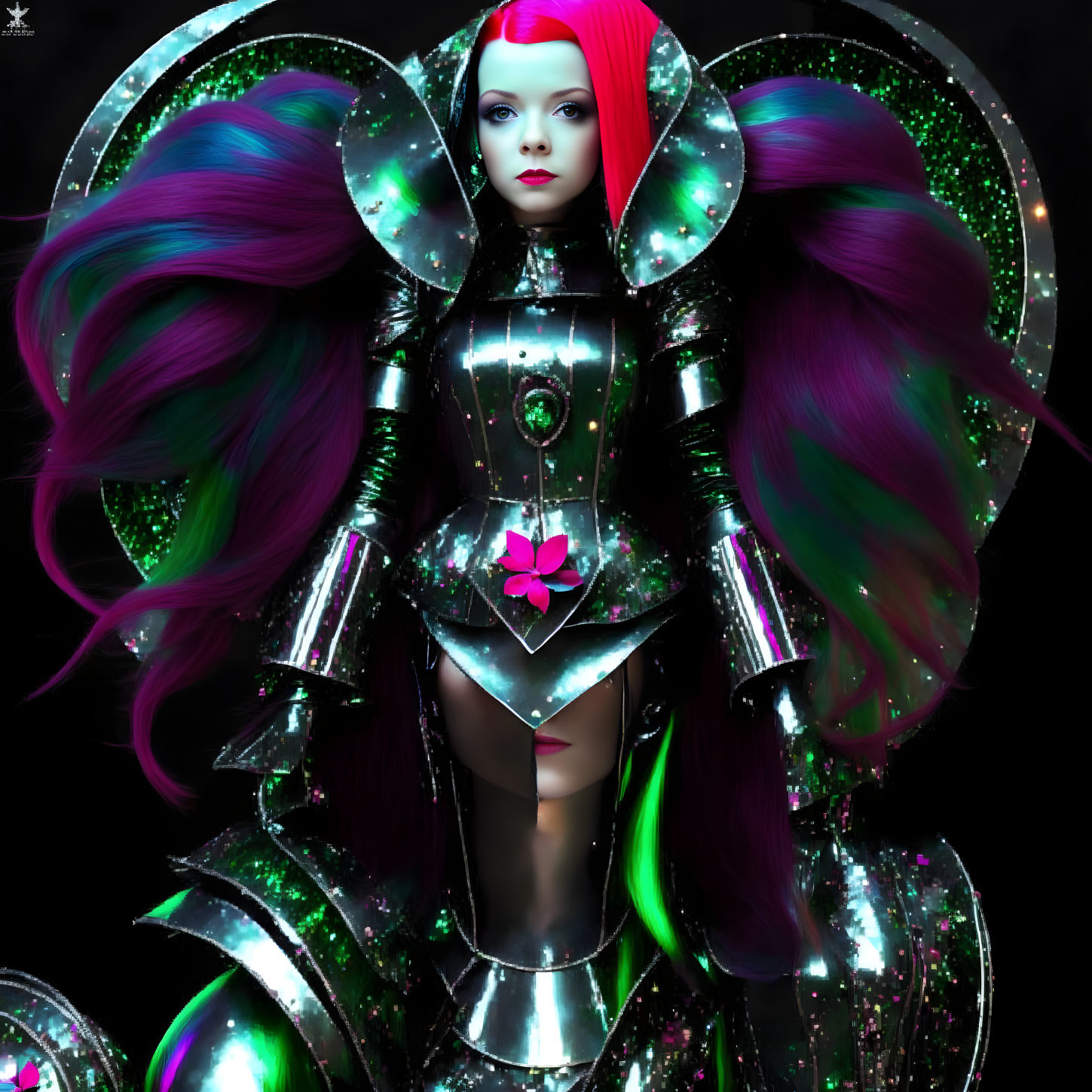 Digital artwork: Woman with pink & purple hair in futuristic armor with pink flower