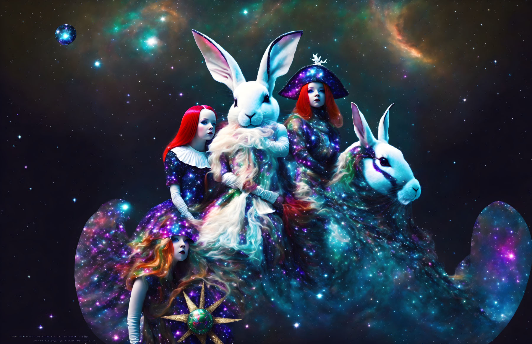 Four women and cosmic rabbits in surreal celestial art