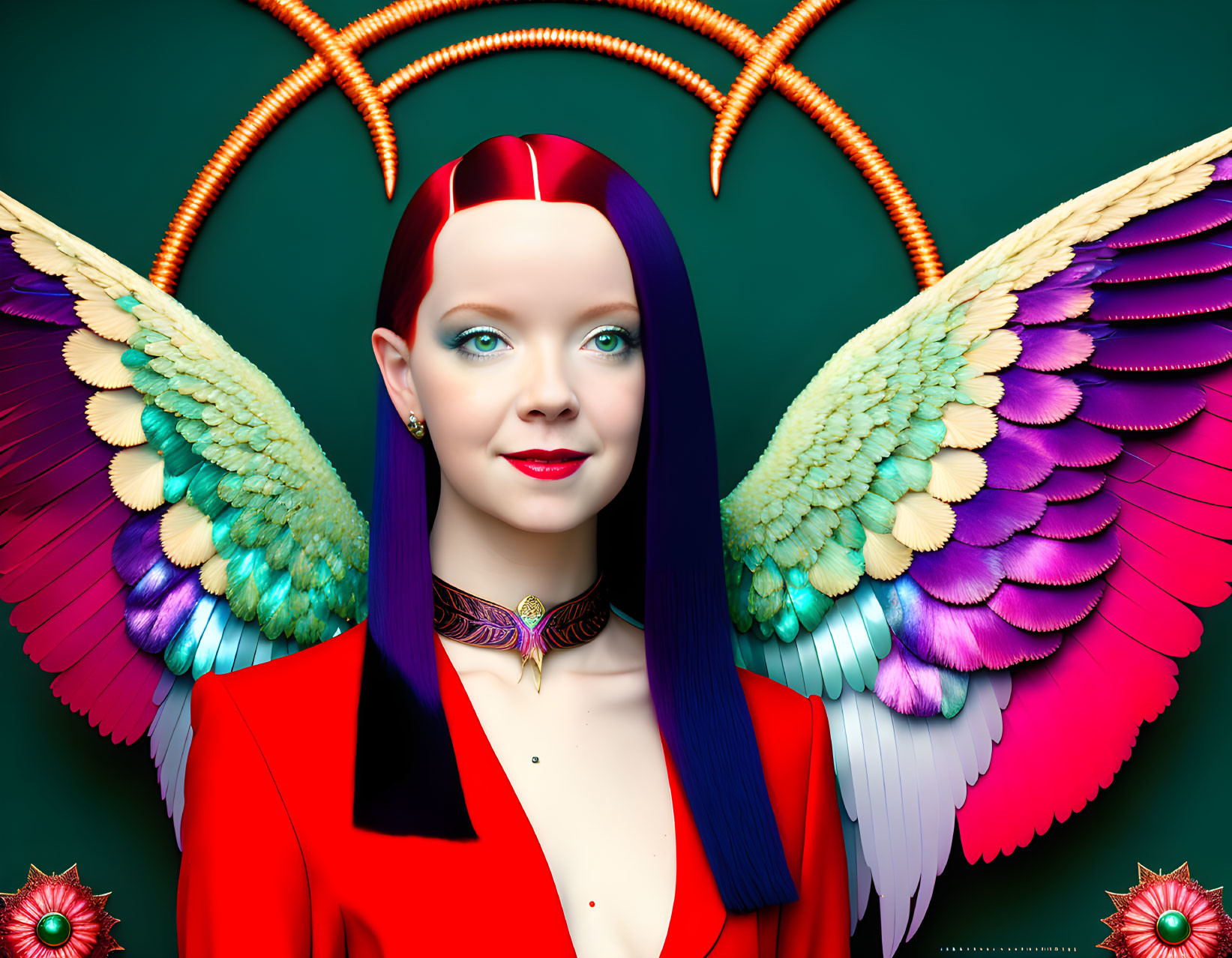 Colorful surreal portrait of a woman with multicolored wings and unique hairstyle on green backdrop.