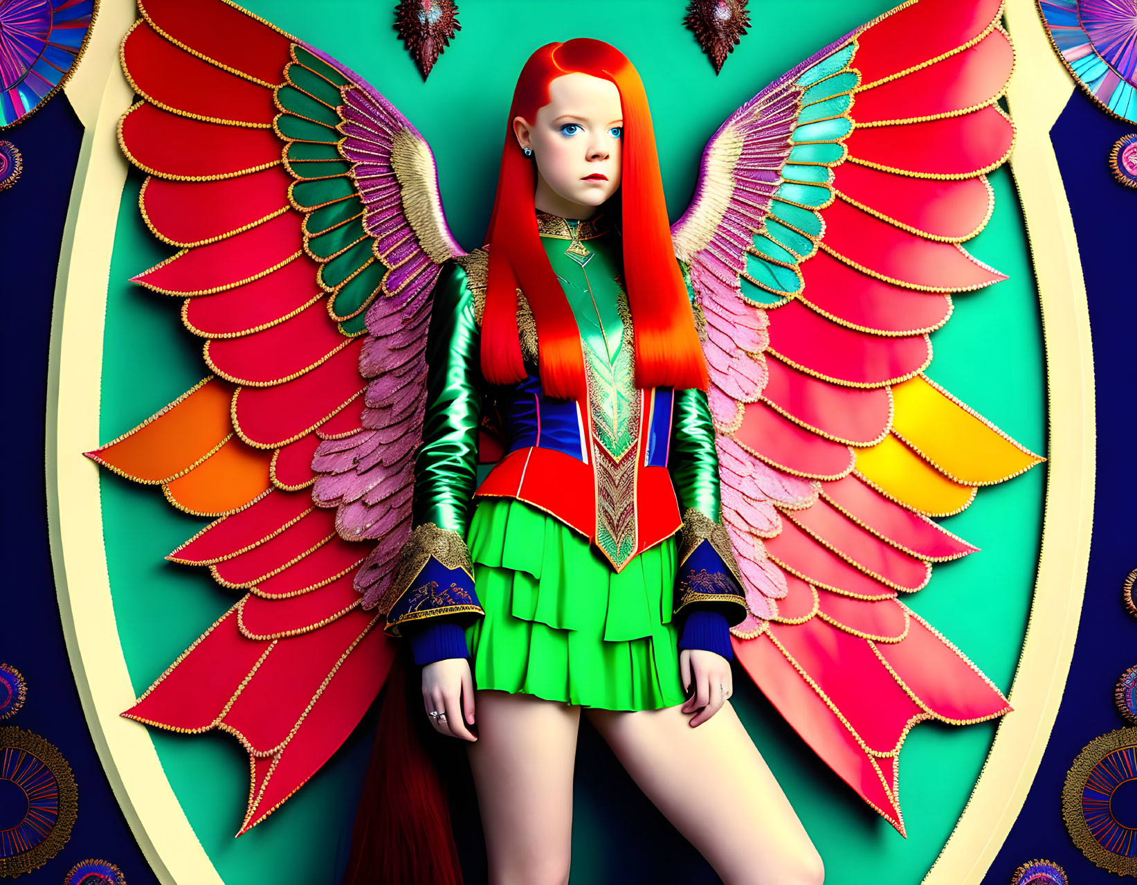 Vibrant red-haired woman in multicolored outfit with stylized wings backdrop