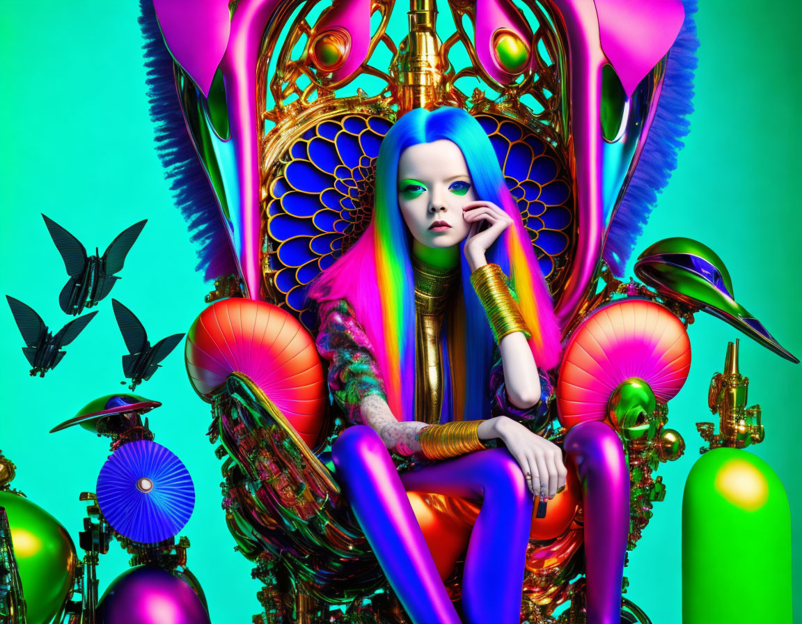 Vivid Fantasy Scene: Person with Blue Hair on Ornate Throne