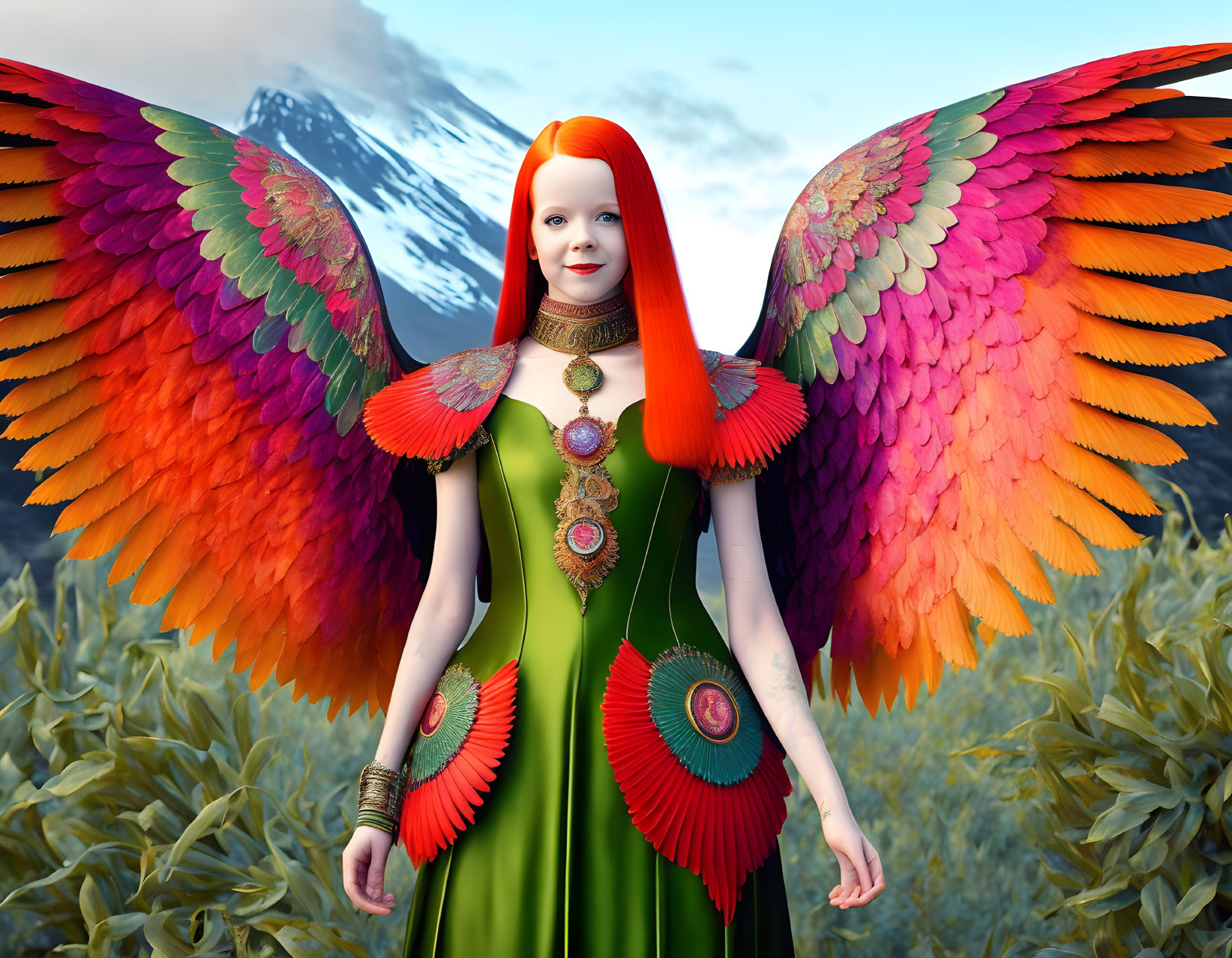 Vibrant orange-haired woman with multicolored wings in mountainous scenery