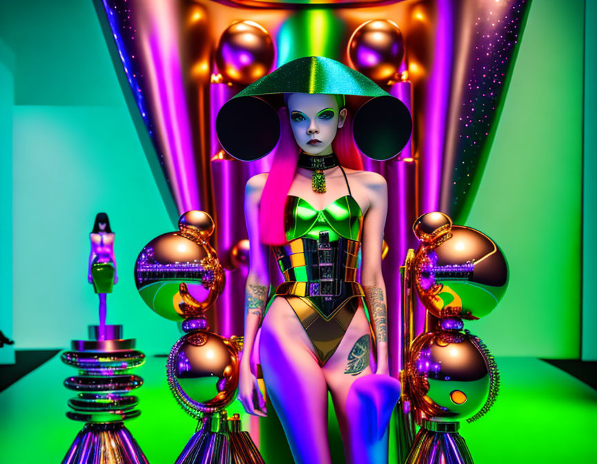 Futuristic stylized image of woman with green hair in neon-lit room