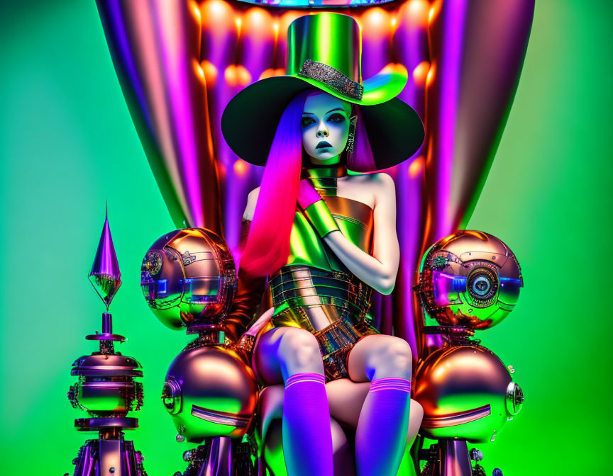 Colorful surreal image of stylized female figure in metallic clothing on vibrant green background