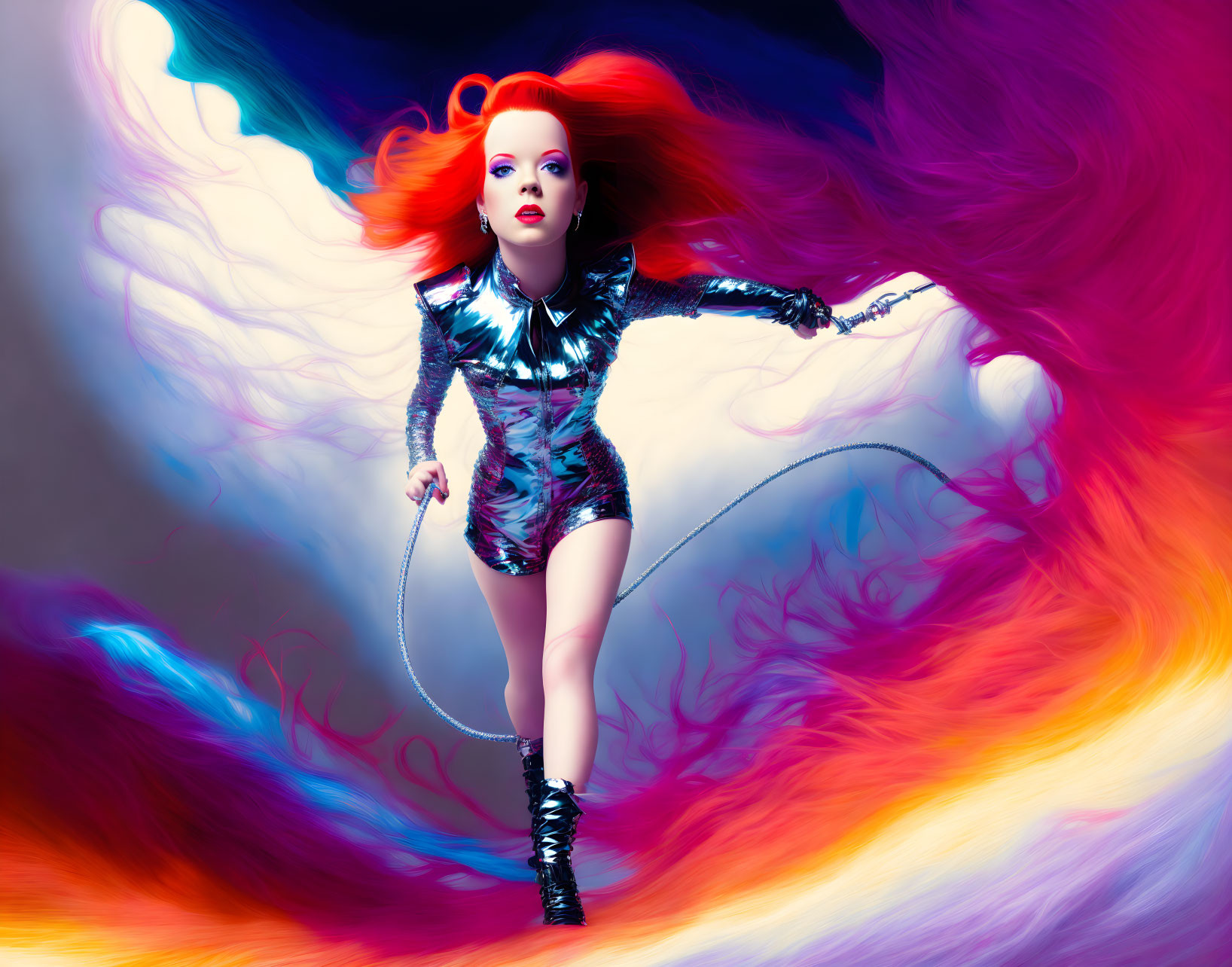 Vibrant red-haired woman poses with jump rope in futuristic outfit