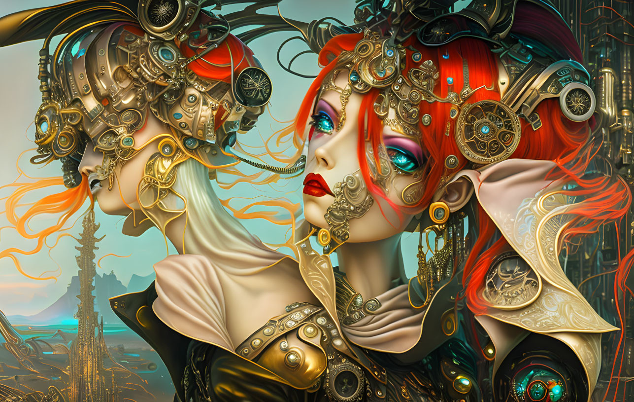 Stylized fantasy female figures with steampunk headgear in industrial setting