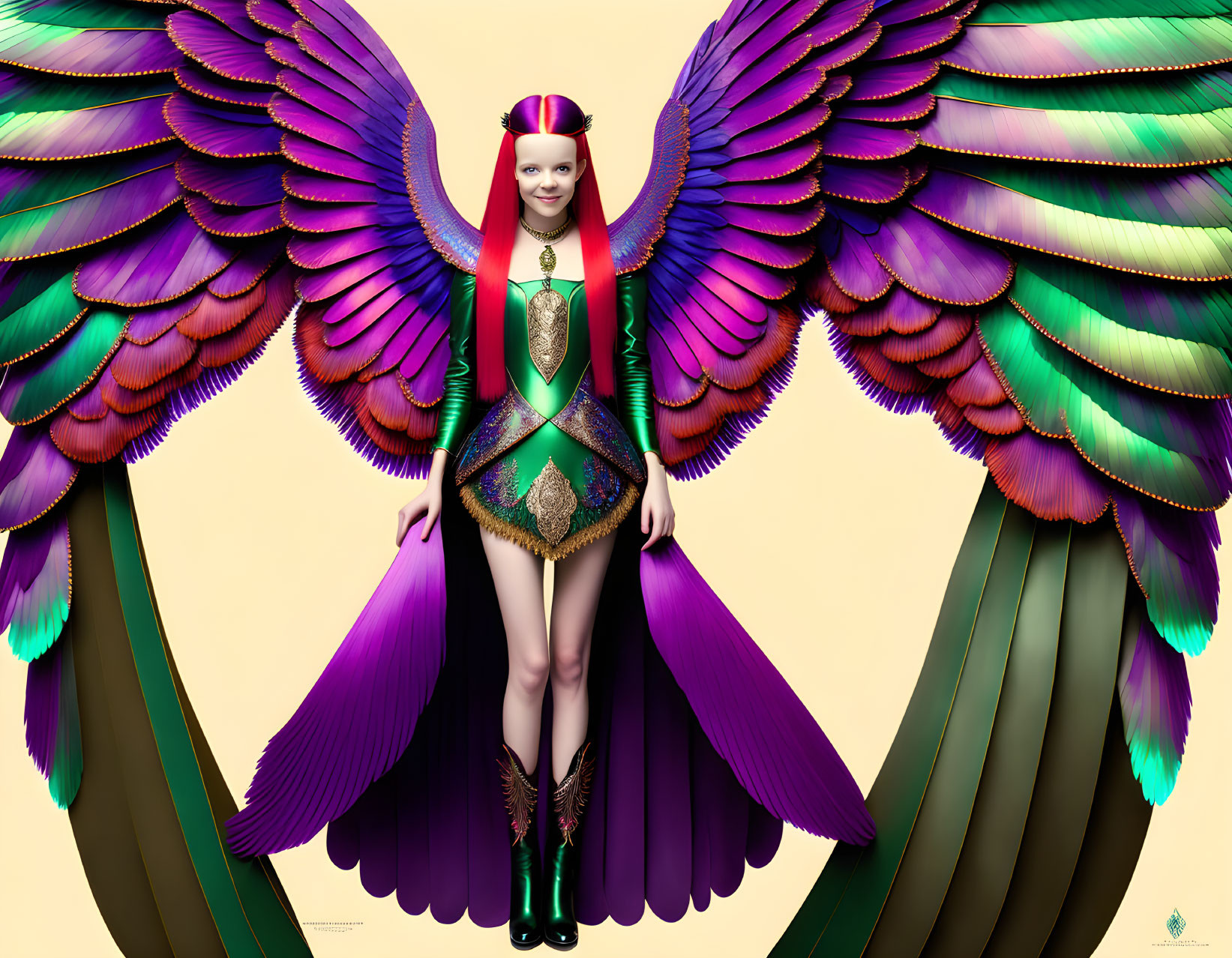 Colorful Peacock-Inspired Wings Costume on Light Background