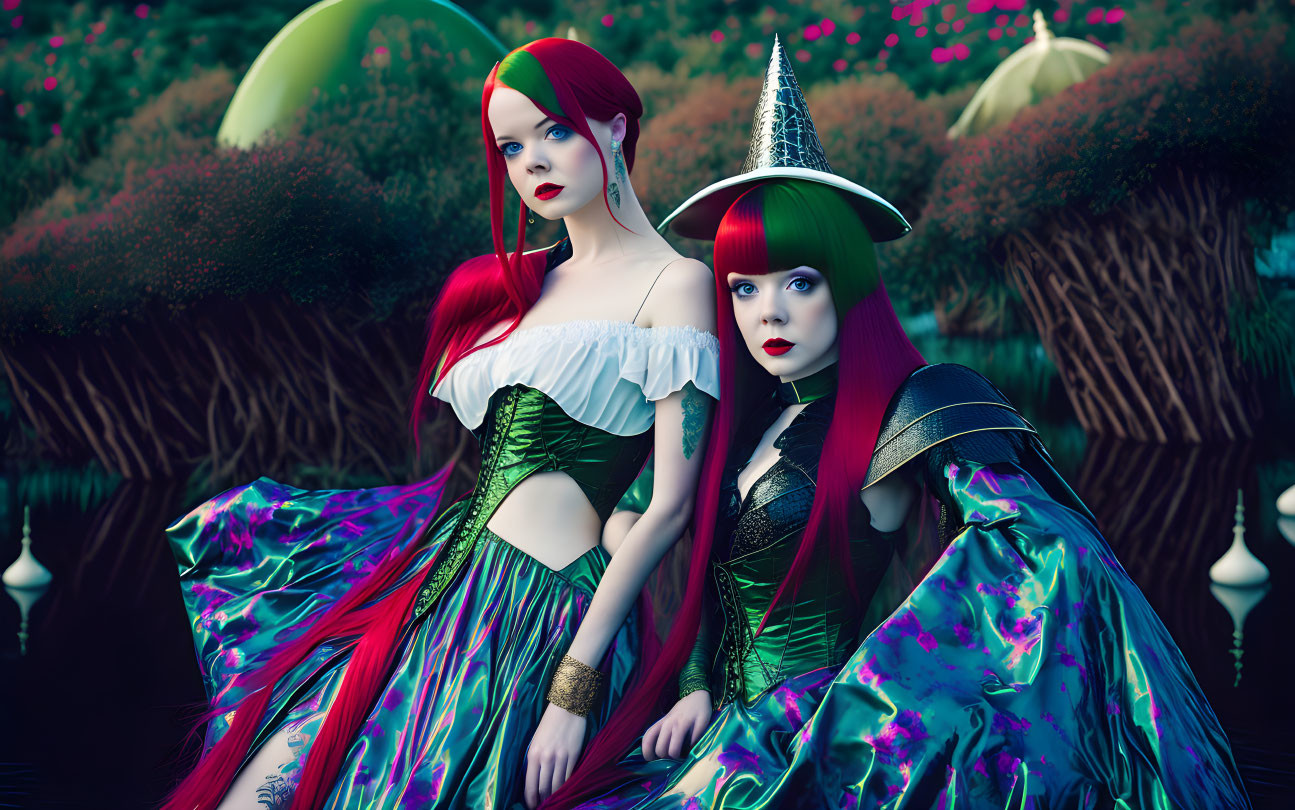 Vibrant Red Hair Women in Fantasy Costumes Garden Setting