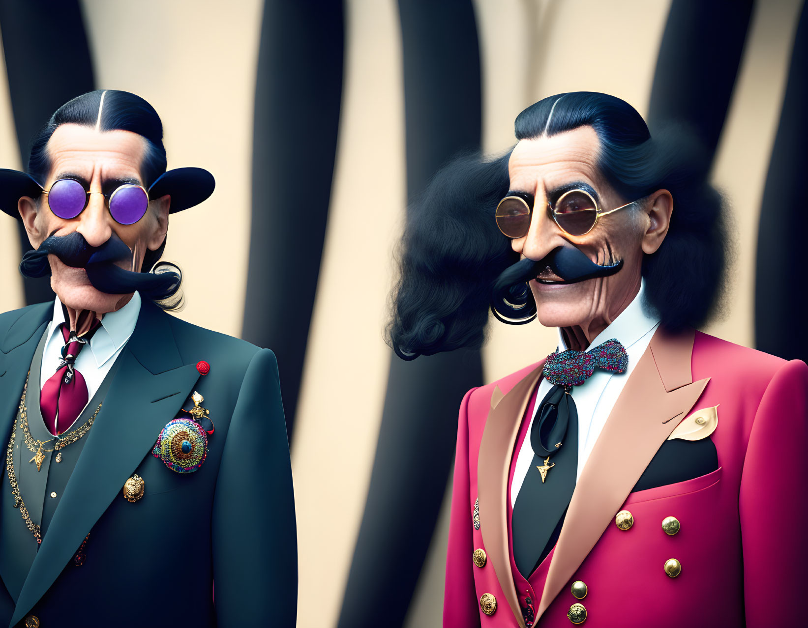 Colorful 3D-animated male figures in suits with medals on striped background