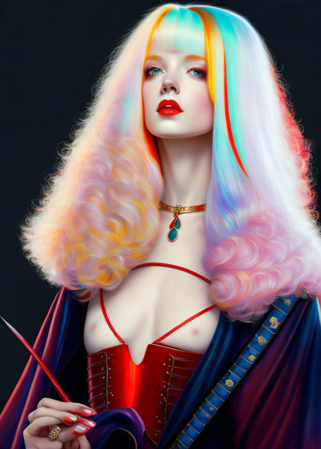 Voluminous pastel rainbow hair woman in red corset and blue coat holding rod