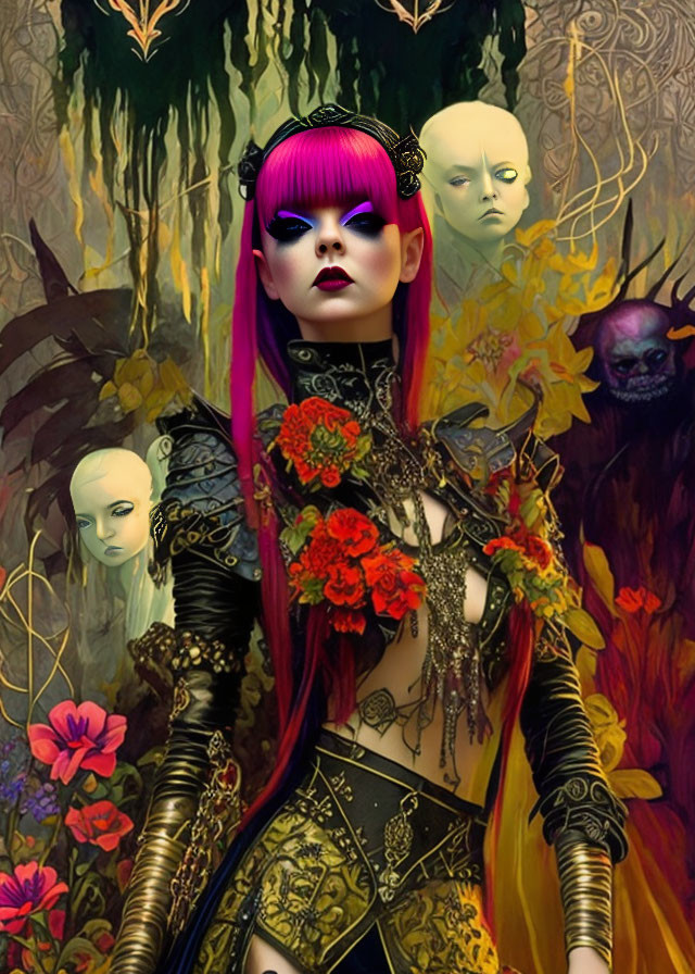 Pink-haired woman in gothic attire amid mystical, eerie background