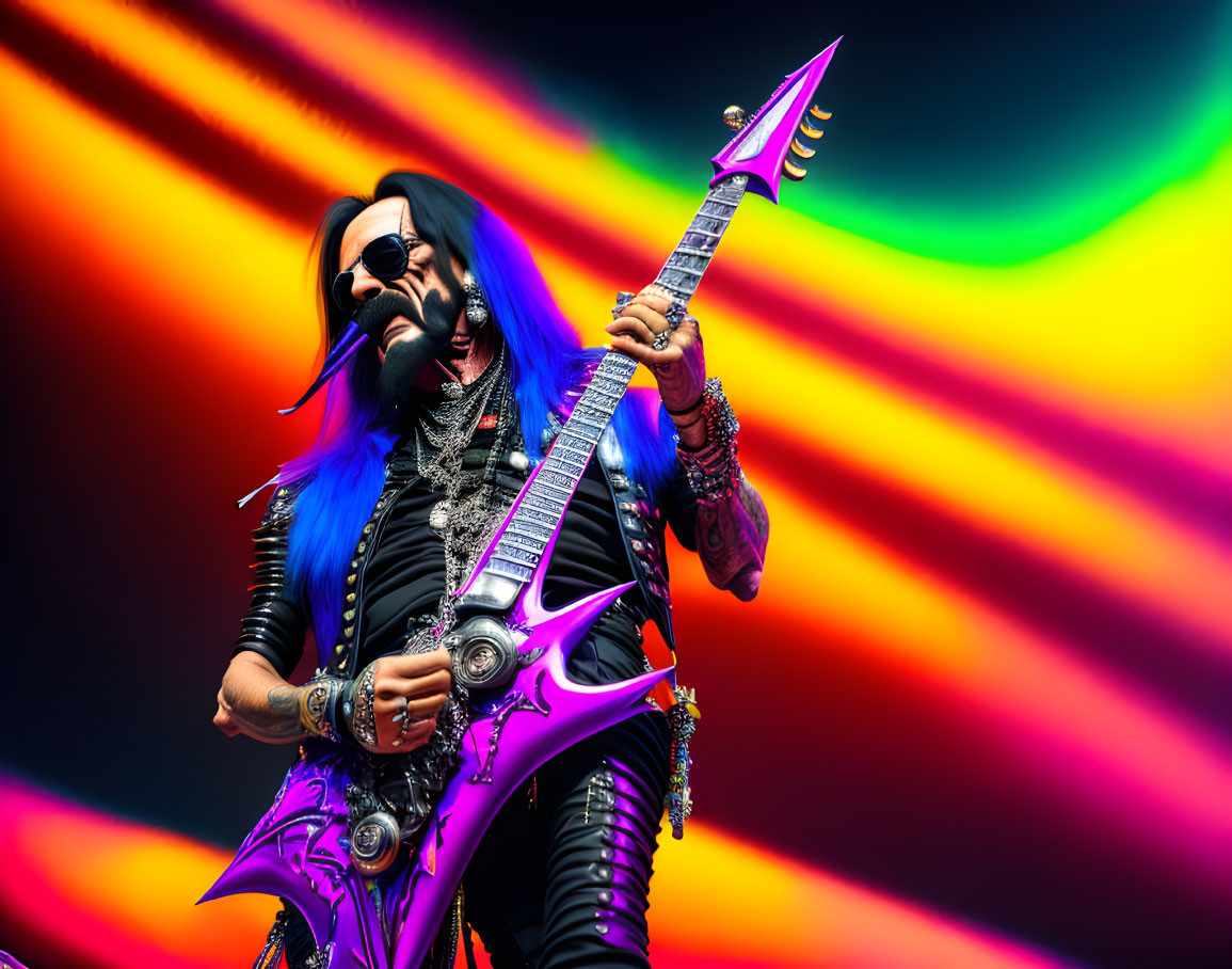Blue-haired rock musician plays purple guitar in colorful backdrop