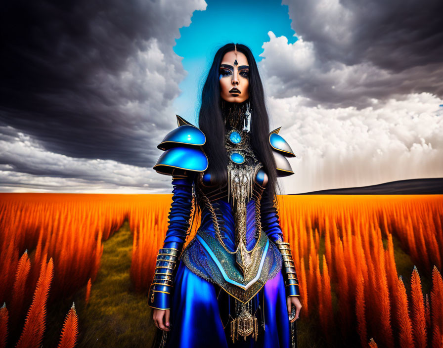 Elaborate blue and gold armor in surreal field with dramatic sky