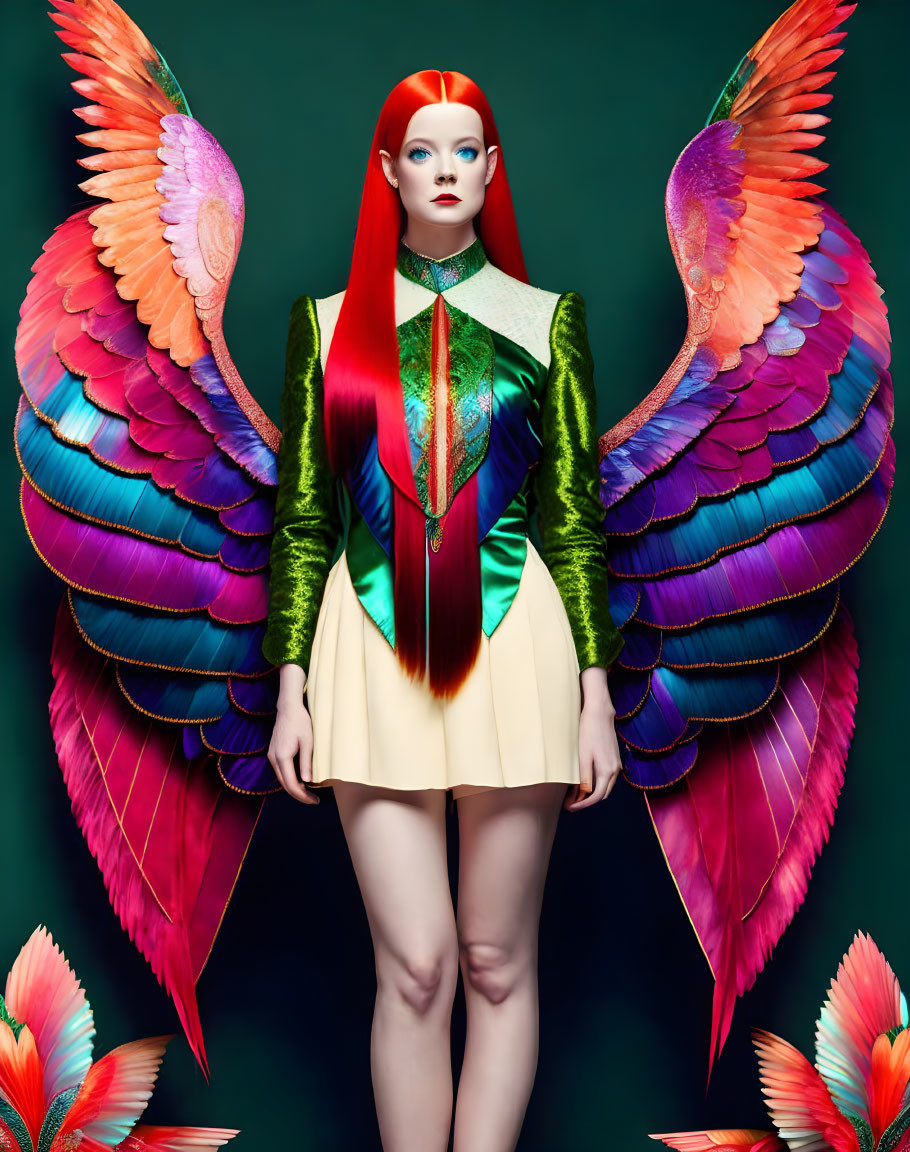 Vibrant woman in colorful winged costume on green background