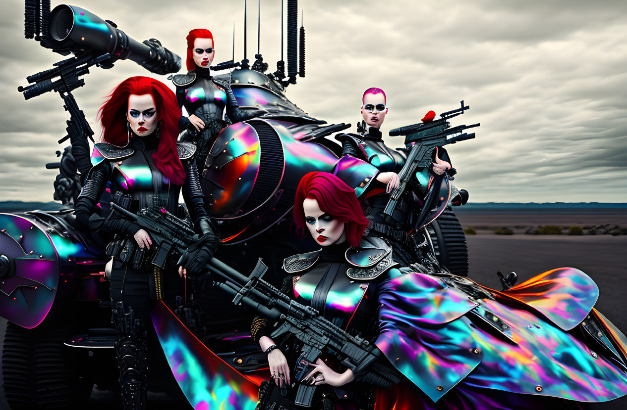 Four Women in Futuristic Military Attire with Advanced Weapons on Sci-Fi Motorbike