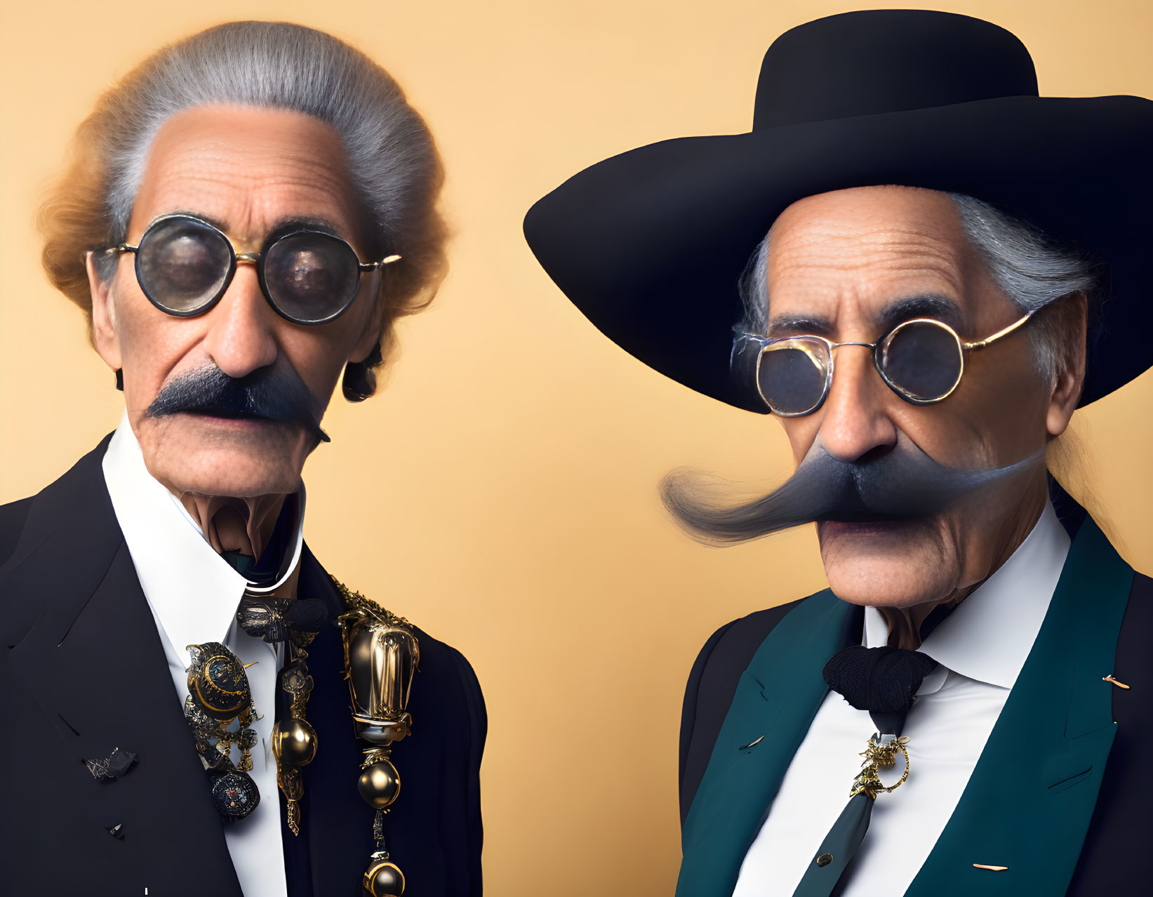 Elderly Men with Exaggerated Mustaches in Suits and Hats