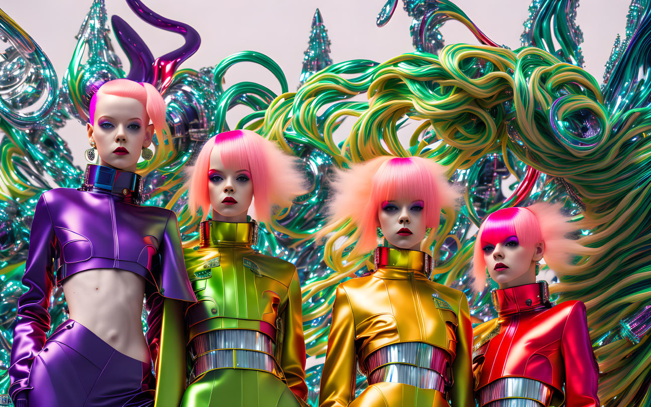 Four futuristic models in bright pink hair and colorful bodysuits amidst swirling sculptures.