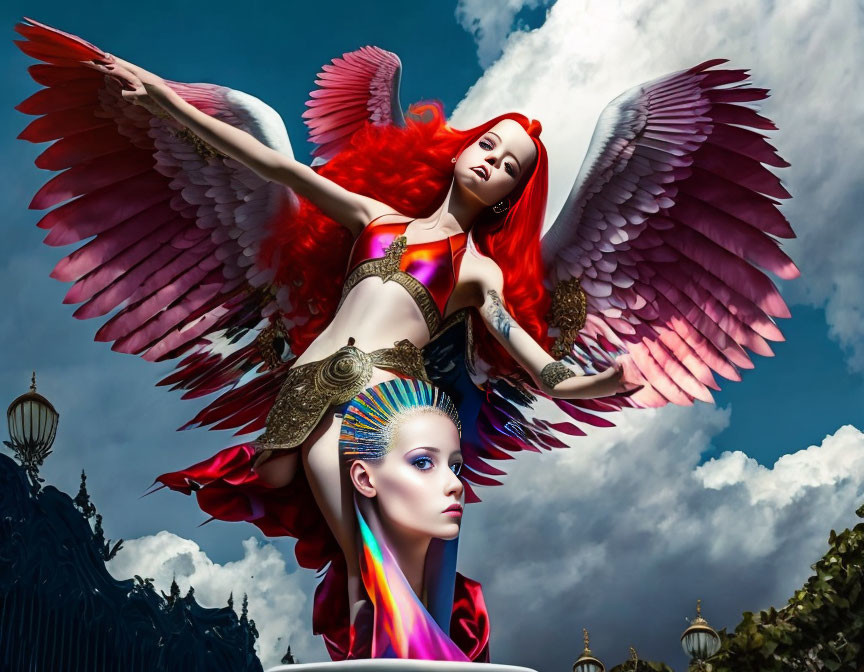 Surreal red-winged angel and serene woman in vibrant cloud setting