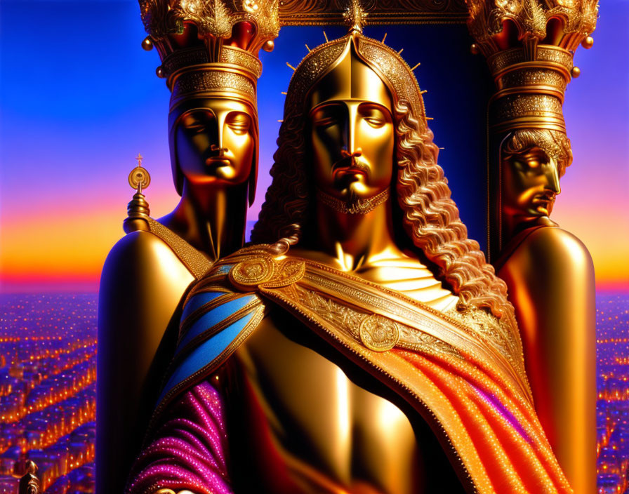 Regal figure in golden armor and crown at sunset with two profiles