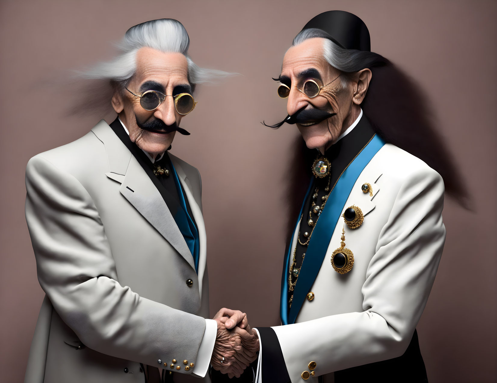 Stylized elderly gentlemen in white suits with exaggerated mustaches and medals