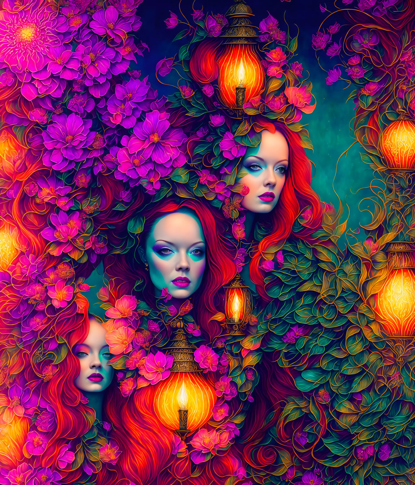 Vibrant illustration: Three red-haired women in mystical setting.