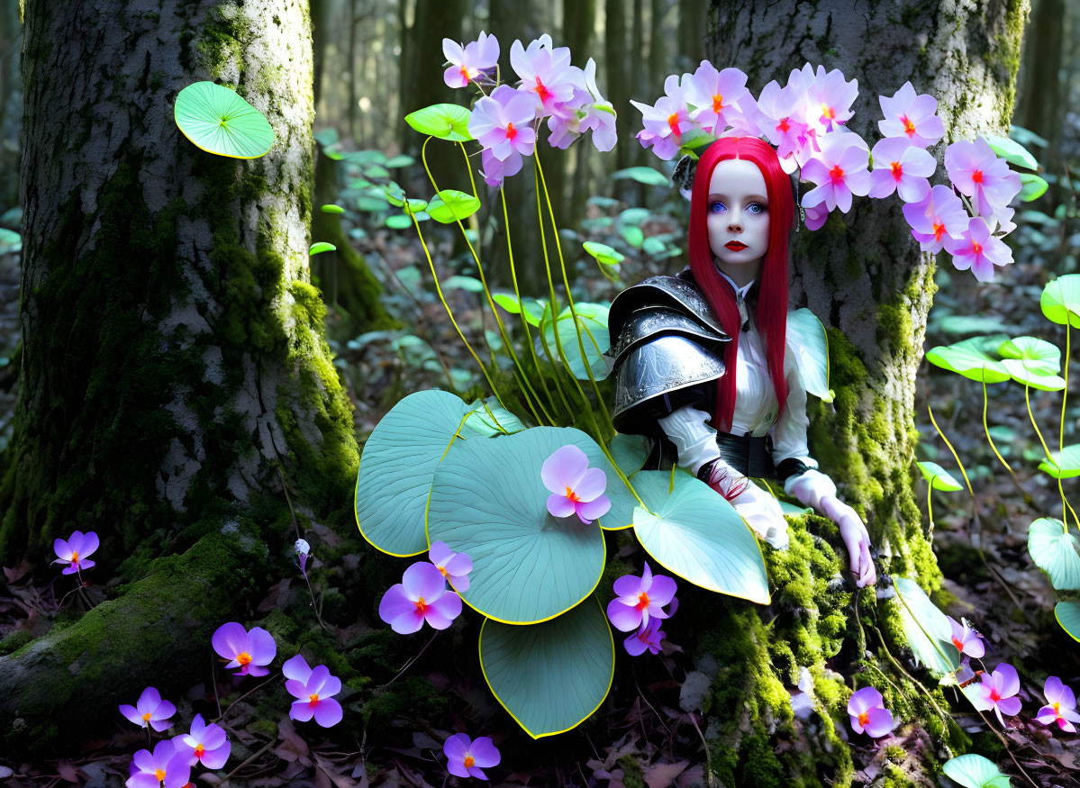 Red-haired person in fantasy costume surrounded by purple flowers in mystical forest
