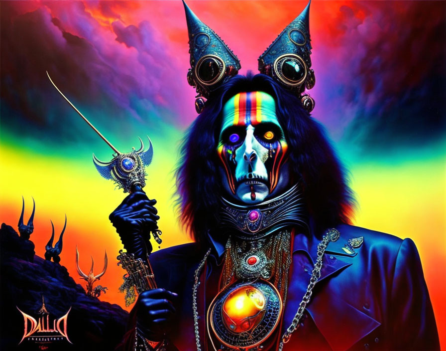 Colorful surreal character with skull face in high-collared uniform and scepter in hand against vibrant