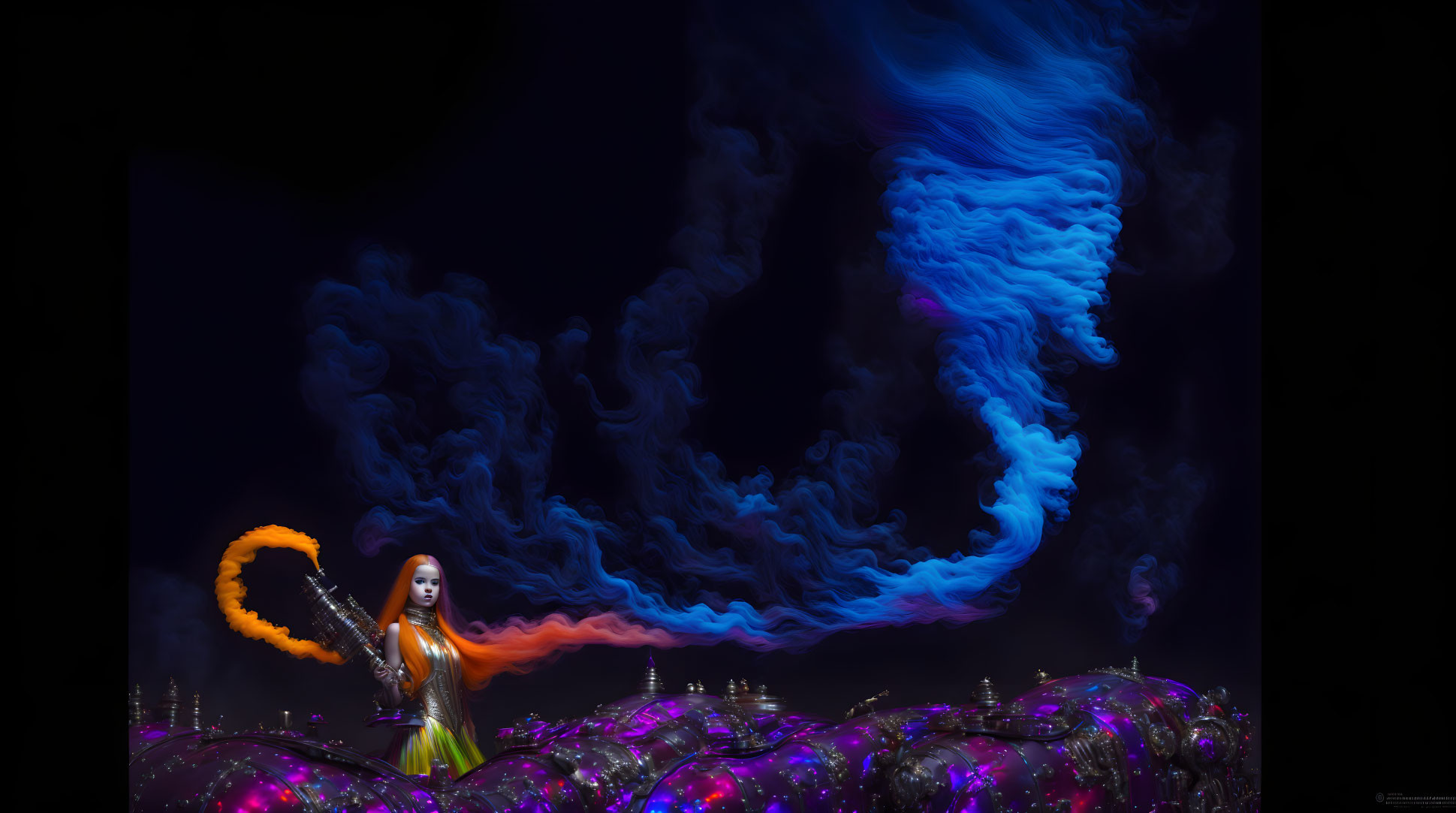 Multicolored hair woman with orange staff on vibrant shapes and blue swirl.