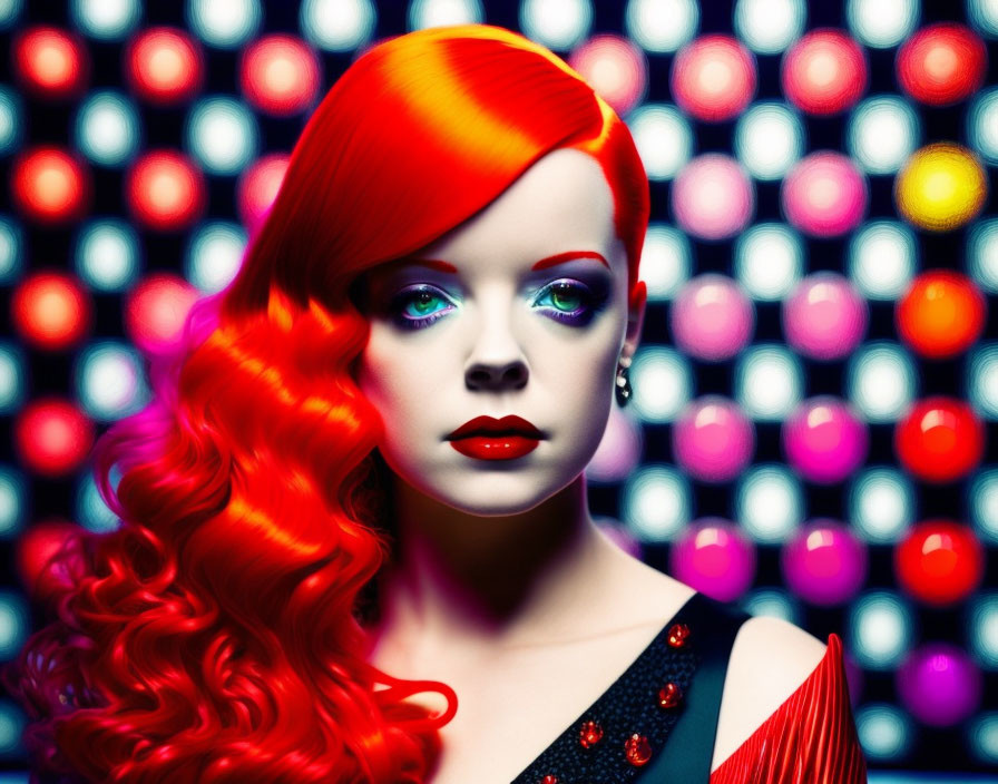 Vibrant Red Hair Woman Portrait with Striking Makeup and Red-Blue Colors