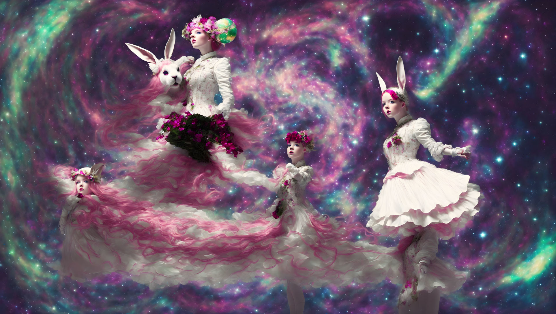 Four ethereal rabbit-like figures in white attire against cosmic backdrop